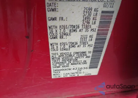 2011 Nissan Frontier Sv из США, поврежденный, VIN 1N6AD0ER2BC421636